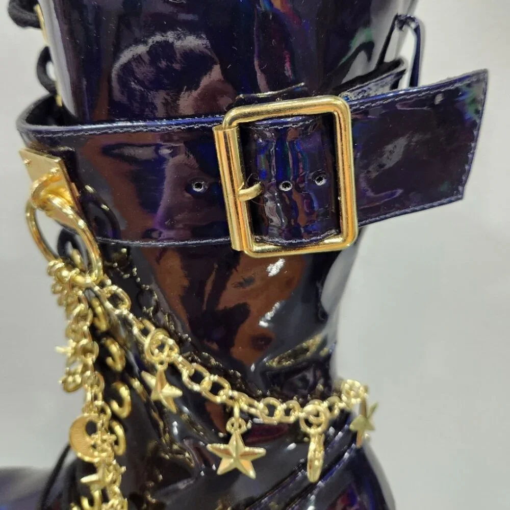 🦋🔥💋HOT ITEM! 💋🦋🔥Holographic Midnight Blue Moon & Star Chain Leather Boots